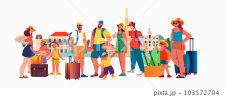 tourists group with children and baggage standing together summer vacation holiday time to travel concept 103572704