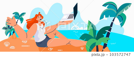 young woman freelancer using laptop on tropical beach summer vacation holiday time to travel concept 103572747