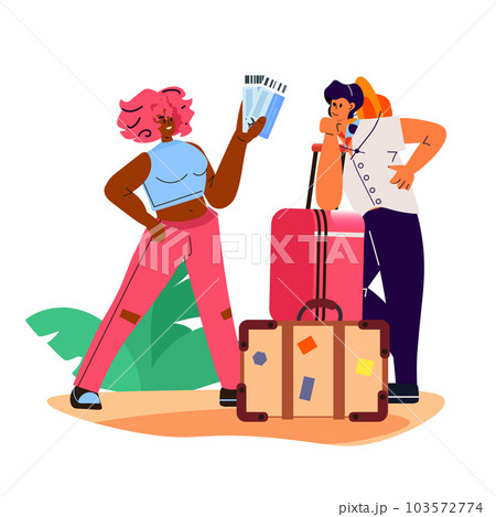 young tourists with tickets and baggage standing together summer vacation holiday time to travel concept young tourists with tickets and baggage standing together summer vacation holiday time to travel concept 103572774
