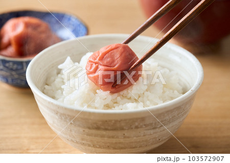 梅干しを乗せた炊きたてのご飯 梅干しを乗せた炊きたてのご飯 103572907