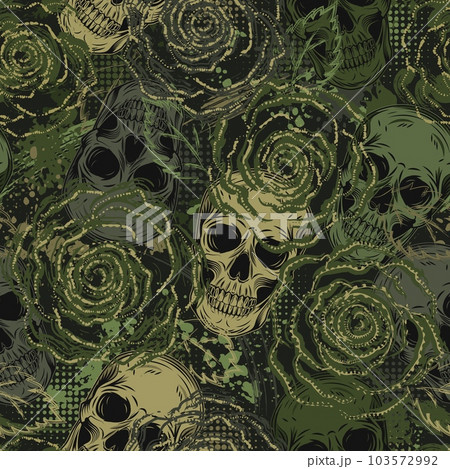Khaki green camouflage seamless pattern with skulls, roses, splattered paint, halftone shapes. Dense chaotic composition For apparel, fabric, textile, sport goods Grunge texture Khaki green camouflage seamless pattern with skulls, roses, splattered paint, halftone shapes. Dense chaotic composition For apparel, fabric, textile, sport goods Grunge texture 103572992