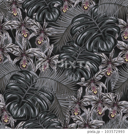 Seamless gray camouflage pattern with tropical foliage, leaves, orchyd flower. Vintage style. Good for apparel, fabric, textile, sport goods. Seamless gray camouflage pattern with tropical foliage, leaves, orchyd flower. Vintage style. Good for apparel, fabric, textile, sport goods. 103572993