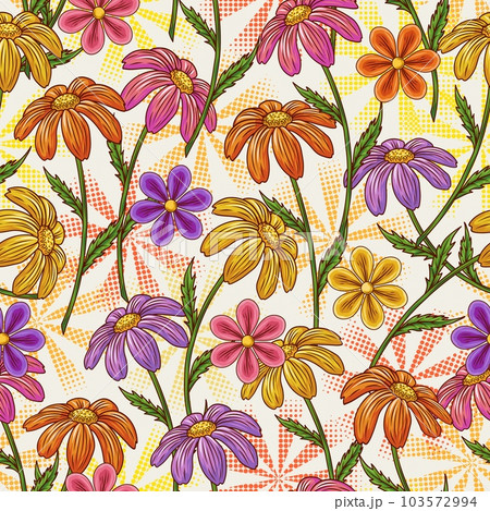 Summer floral pattern with chamomile flowers with stem, halftone shapes. Concept of harmony, positivity. Groovy, hippie, naive style for apparel, fabric, textile, surface design Summer floral pattern with chamomile flowers with stem, halftone shapes. Concept of harmony, positivity. Groovy, hippie, naive style for apparel, fabric, textile, surface design 103572994