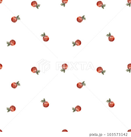 Seamless pattern of fresh red apples with green leaves. Food texture. Repeating red, juicy apples whole. Watercolor Illustration fruit for juice pack, tablecloth, cover, apron, apple picking or food 103573142