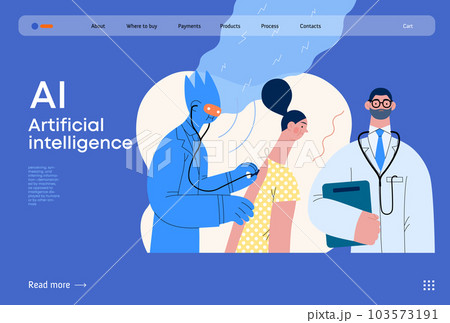 Artificial intelligence, Medicine -modern flat vector concept illustration of AI auscultating patient with stethoscope. Human doctor nearby. Metaphor of AI advantage, superiority and dominance concept 103573191