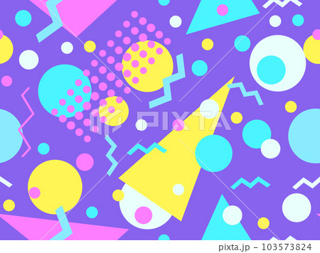 Memphis seamless pattern with geometric shapes in 80s style. Multicolored geometric shapes. Design of promotional products, wrapping paper, covers and printing. Vector illustration Memphis seamless pattern with geometric shapes in 80s style. Multicolored geometric shapes. Design of promotional products, wrapping paper, covers and printing. Vector illustration 103573824