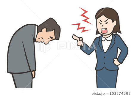 怒る中年男性と謝る女性、スーツの会社員、ガミガミ言う人 怒る中年男性と謝る女性、スーツの会社員、ガミガミ言う人 103574295