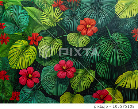 Tropical botanical stem with large realistic flowers. 103575108