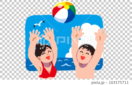 男人和女人在海裡玩沙灘球 103575711
