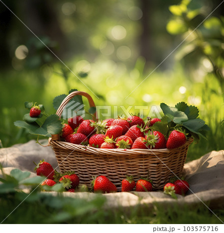 Basket with strawberries on the grass. Healthy food ingredient. Generated AI. Basket with strawberries on the grass. Healthy food ingredient. Generated AI. 103575716