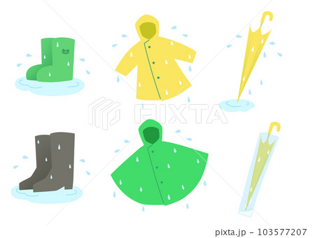 雨にぬれた長靴とカッパと傘の雨具1 103577207