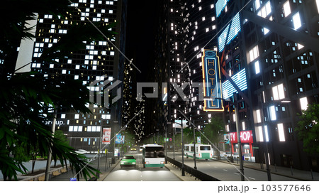 Metropolis with skyscrapers and cars in urban business district, tall office buildings with city lights and vehicles driving on street. Modern constructions and towers. 3d render animation. Metropolis with skyscrapers and cars in urban business district, tall office buildings with city lights and vehicles driving on street. Modern constructions and towers. 3d render animation. 103577646