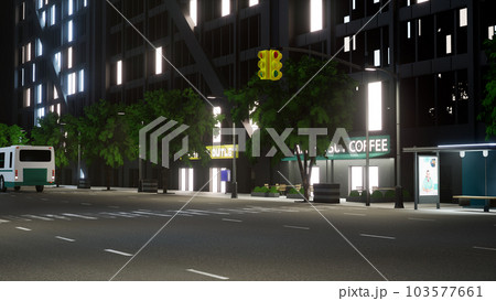 Modern town with tall buildings and office spaces in urban business district, city lights flickering at night. Metropolis structure and architecture, downtown. 3d render animation. Modern town with tall buildings and office spaces in urban business district, city lights flickering at night. Metropolis structure and architecture, downtown. 3d render animation. 103577661