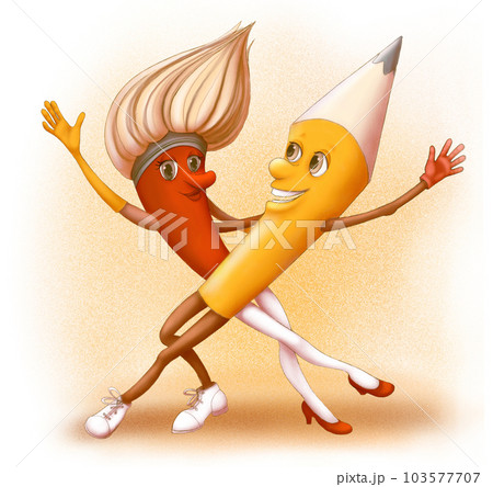 Dancing artist tools, bright comic, cartoon in children's style 103577707