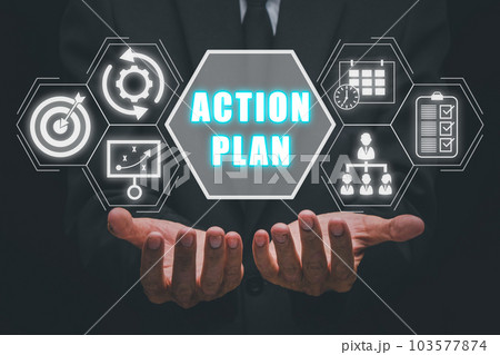 Action plan strategy vision planning direction concept, Business person hand holding action plan icon on virtual screen. Action plan strategy vision planning direction concept, Business person hand holding action plan icon on virtual screen. 103577874