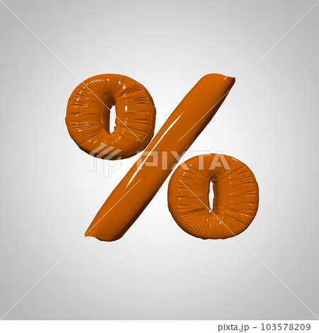 Inflated plastic square illustration of volumetric glossy deformed 3D render of orange percent sign symbol on white gradient background. Balloon metallic. Beautiful volumetric percent sign symbol for 103578209