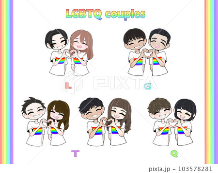 笑顔でハートマークを作るLGBTQカップルのイラスト 103578281