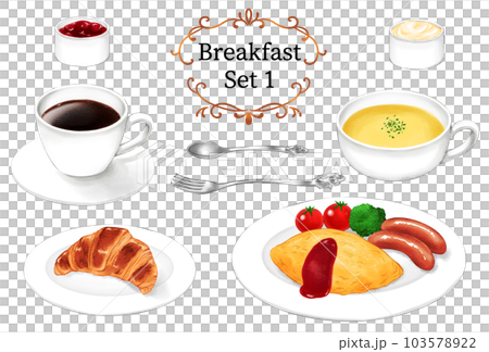 オムレツとクロワッサンとコーヒーの朝食セット 103578922
