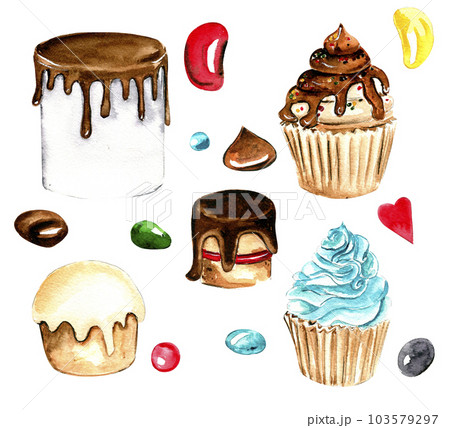 Set of elements for Christmas. Gifts, cupcake, cake,cookies,fir branches.Watercolor hand drawn illustration. Winter holiday. Set of elements for Christmas. Gifts, cupcake, cake,cookies,fir branches.Watercolor hand drawn illustration. Winter holiday. 103579297