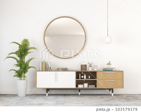 living room interior with wooden sideboard and round hanging mirror. 3D rendering living room interior with wooden sideboard and round hanging mirror. 3D rendering 103579379