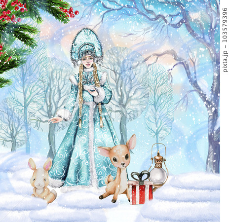 Composition for Christmas with Snow Maiden in a blue dress.. Gifts, cupcake, cake,cookies,fir branches.Watercolor hand drawn illustration. Winter holiday. 103579396