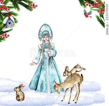 Composition for Christmas with Snow Maiden in a blue dress.. Gifts, cupcake, cake,cookies,fir branches.Watercolor hand drawn illustration. Winter holiday. Composition for Christmas with Snow Maiden in a blue dress.. Gifts, cupcake, cake,cookies,fir branches.Watercolor hand drawn illustration. Winter holiday. 103579397