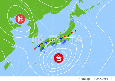 台風が停滞前線を刺激して、日本列島に雨予報が出ている気圧配置図 103579411