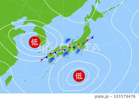 停滞前線が日本列島にかかり、雨予報が出ている気圧配置図 停滞前線が日本列島にかかり、雨予報が出ている気圧配置図 103579476