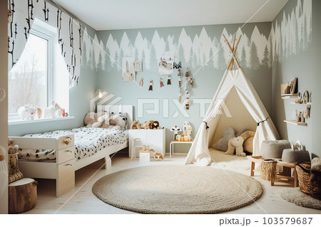 A Magical Child's Bedroom with Teepee Tent, Pastel Colors, and Cozy Atmosphere 103579687