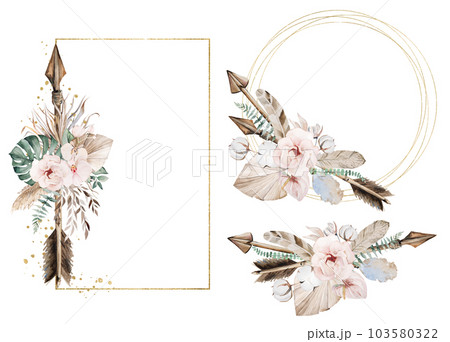 Golden frames with Watercolor arrow, tropical leaves and flowers, isolated illustration 103580322