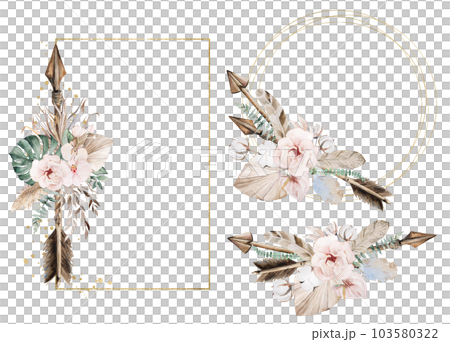 Golden frames with Watercolor arrow, tropical leaves and flowers, isolated illustration 103580322