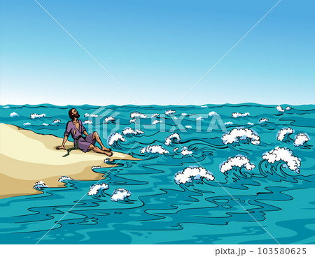 Vector drawing. A man on the shore after a shipwreck 103580625
