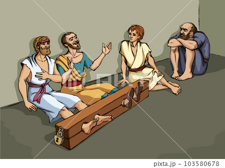 Paul and Silas in prison. Vector drawing 103580678