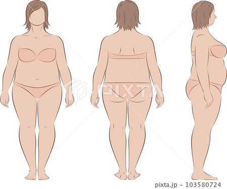 Fat woman figure. Front, back, side. Fat woman figure. Front, back, side. 103580724