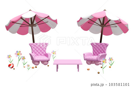 3d two sofa chair with pink umbrella or parasol, flower, coffee table isolated. 3d render illustration 103581101