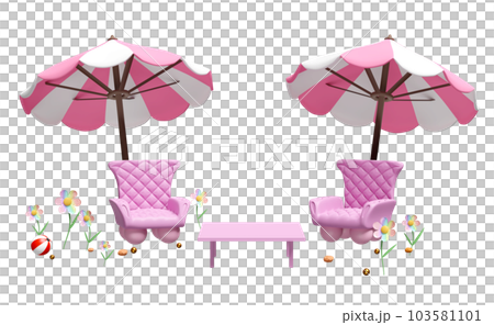 3d two sofa chair with pink umbrella or parasol, flower, coffee table isolated. 3d render illustration 103581101