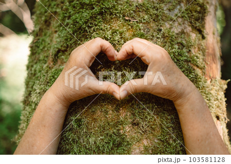 Heart hand on tree with moss, loving the nature Heart hand on tree with moss, loving the nature 103581128