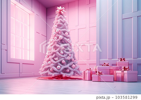Pink Christmas tree and pink gift boxes with pink bows in pink interior. Generative AI 103581299