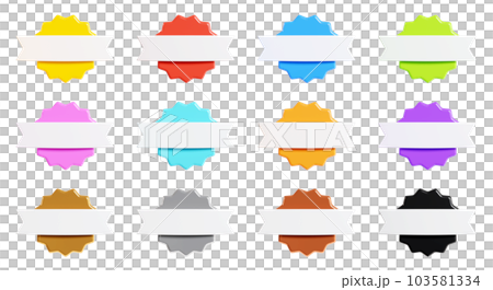 Starburst sticker 3d render set - collection of round sun burst or star shape badges for promo. Price or offer label with copy space. Empty emblem of different colours for sale or discount concept. Starburst sticker 3d render set - collection of round sun burst or star shape badges for promo. Price or offer label with copy space. Empty emblem of different colours for sale or discount concept. 103581334