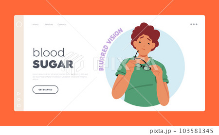 Blood Sugar Landing Page Template. Female Character With Impaired Eyesight Resulting From Diabetes, Blurred Vision 103581345