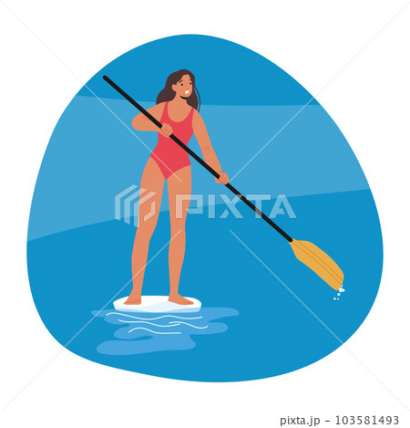 Female Paddleboarder Gracefully Glides Across The Water, Confidently Maneuvering Her Sup Board While Enjoying Swim 103581493