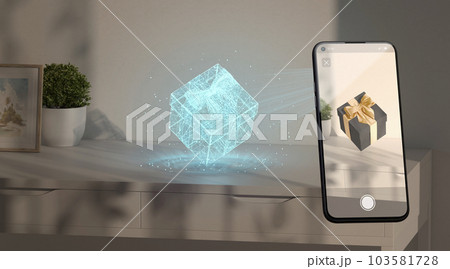 Gift box hologram stand on table phone display augmented reality Gift box hologram stand on table phone display augmented reality 103581728