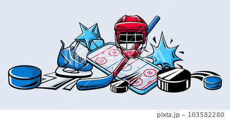 Background with hockey items. Sport club illustration. Healthy lifestyle image. Background with hockey items. Sport club illustration. Healthy lifestyle image. 103582280