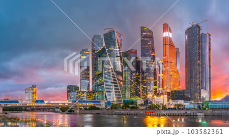 High buildings of Moscow-City at Moskva River at summer sunset, Russia. 103582361