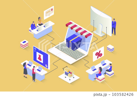 Discount of goods concept in 3d isometric design. Attracting new customers with promotions in store, bargain online shopping and gifts. Vector illustration with isometry people scene for web graphic 103582426