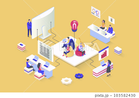Coworking concept in 3d isometric design. Colleagues or freelancers work on laptop in open space office, team collaborate at workplace. Vector illustration with isometry people scene for web graphic Coworking concept in 3d isometric design. Colleagues or freelancers work on laptop in open space office, team collaborate at workplace. Vector illustration with isometry people scene for web graphic 103582430