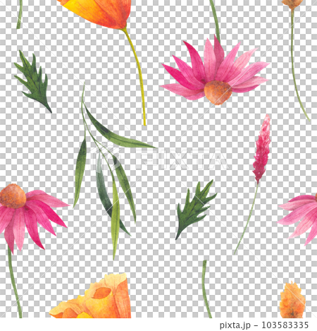 Floral seamless pattern with abstract wildflowers, plants and delicate branches, watercolor print isolated on white background for textile or wallpapers, illustration in provence style 103583335