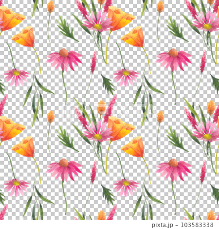 Floral seamless pattern with abstract wildflowers, plants and delicate branches, watercolor print isolated on white background for textile or wallpapers, illustration in provence style 103583338