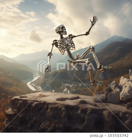 Human skeleton falls down from steep cliff against backdrop of mountain landscape, fantastic illustration, Human skeleton falls down from steep cliff against backdrop of mountain landscape, fantastic illustration, 103583342