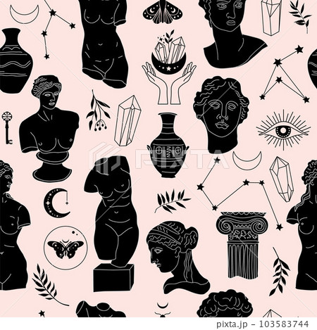 Seamless pattern Greek ancient sculpture mystic. Hand drawn illustrations of antique classic statues in trendy bohemian style. Boho tattoo art. Heads, branch, vase, column, hands, body, stars. Seamless pattern Greek ancient sculpture mystic. Hand drawn illustrations of antique classic statues in trendy bohemian style. Boho tattoo art. Heads, branch, vase, column, hands, body, stars. 103583744